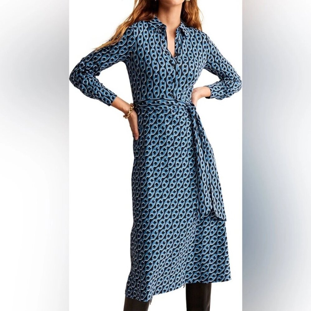 Boden Blue Black Chain Link Jersey Shirt Dress Midi Long Sleeve US 8R D0764 NEW